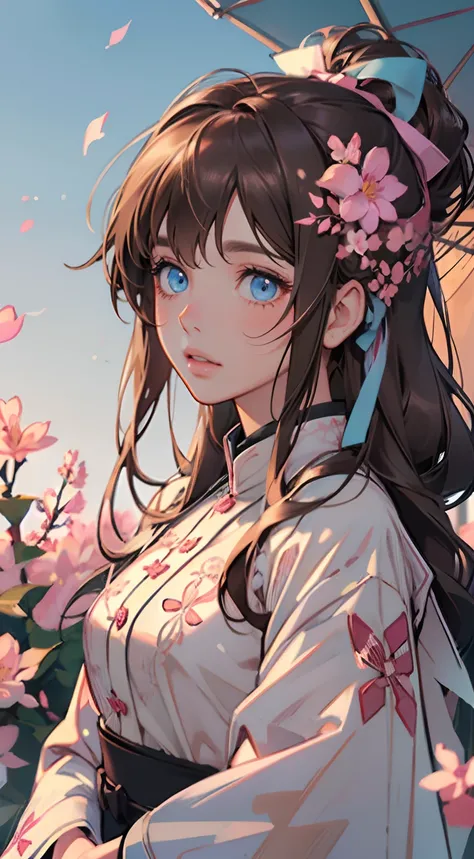 Beautiful girl , Kizuna Ai, long hair , brown hair , blue eyes , pink down on her head , blush . Age 20,

The hand structure is correct，Falling petals with ribbons，Clear facial features，Plum blossom branches that decorate the picture,


(masterpiece, best ...