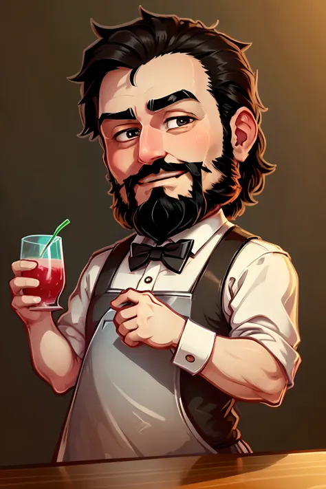 um adesivo, man who is a bartender. cabelo preto curto e barba cheia. he has a friendly face and wears a bartender's uniform, co...