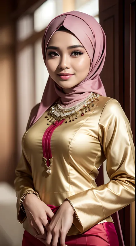 cowboy_pose,naughty, (iu:0.8), RAW, Best quality, high resolution, Masterpiece: 1.3, Beautiful malay pearl_skinned sexy hijabi javanese kebaya wedding batik, Masterpiece, Soft smile, big brest.