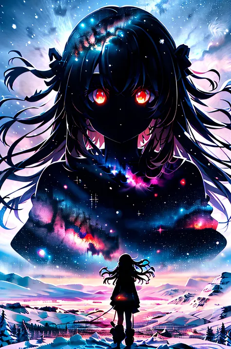 masterpiece, best quality, (silhouette:1.3), long hair, glowing eyes, red eyes, star (sky), pov, snow,