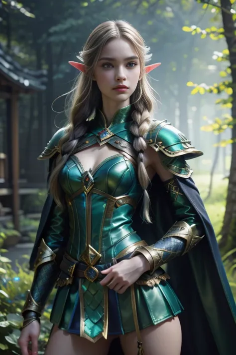 Photorealistic image ((Masterpiece)), ((high quality)) UHD 8K, of a beautiful girl, Viking elf warrior, slim, tall, (Long elf ears), (medium chest), (skinny waist), (Hair long blonde ), (deep blue eyes), ((green Leather armor with short green skirt and int...