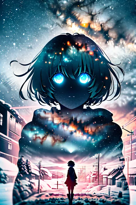 masterpiece, best quality, (silhouette:1.3), short hair, glowing eyes, beautiful eyes, star (sky), pov, snow,