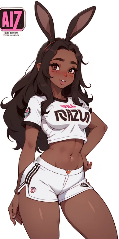 (nsfw lolabunny, menina coelho, pele bronzeada, olhos azuis, nariz rosa, dentes de fivela, faixa de cabelo, uniforme de basquete, camisa branca, white shorts, midriff, logotipo na camisa:1.2), (por ratte e nuzzo e kenket:0.7), pele realista, real, detalhad...