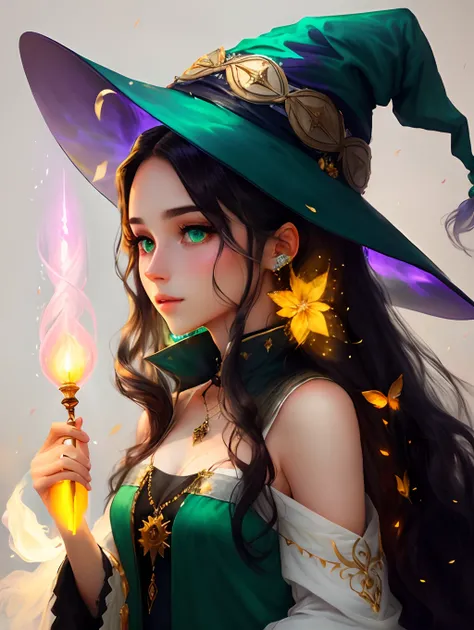 ethereal light healing witch 24 years old with long dark hair and fair skin. Green eyes.