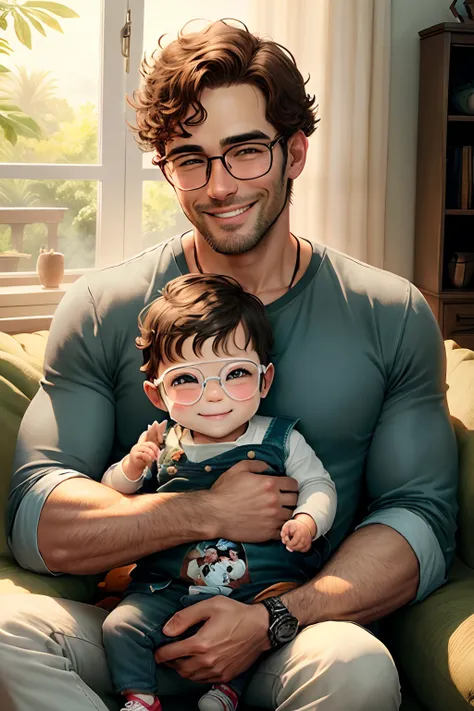 Adult man smiling with with baby on lap, brown glasses, vestindo camisa xadrez estilo filme Disney Pixar