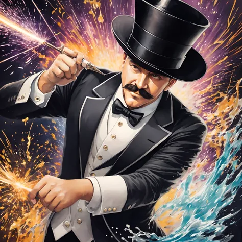 Sticker. A very dynamic scene. very cheerful pop magician in a top hat with a thin long mustache, Magic wand in hand, leaning forward in front of the camera, close-up, White background, splashes of water and sparks in all directions. oil paint, watercolor ...