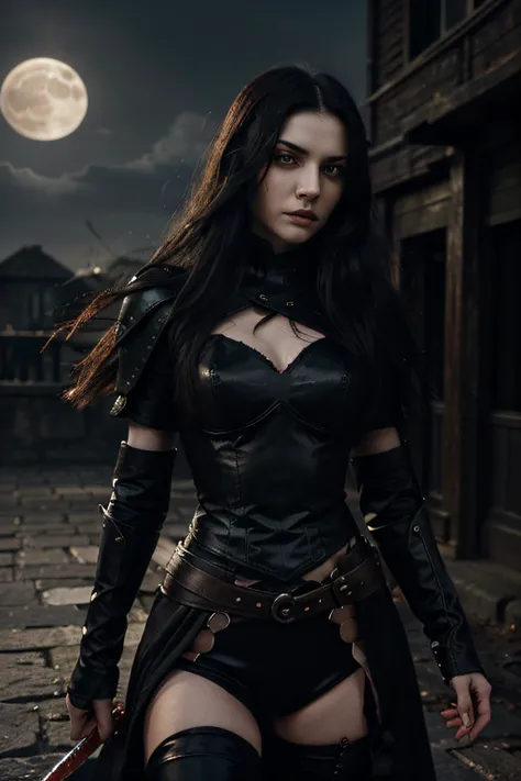 Create an image of a vampire RPG character with black hair, flowing in the wind, and skin as pale as the moon. She has an intense and enigmatic expression, highlighted by her piercing, blood-red eyes. Clad in black armor, she wields a lethal-looking sword....