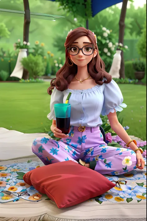 Slim, beautiful woman with glasses sitting in a garden with a glass in her hand and wearing flowery clothes