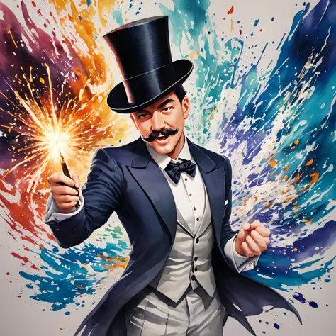 Sticker. A very dynamic scene. very cheerful pop magician in a top hat with a thin long mustache, Magic wand in hand, leaning forward in front of the camera, close-up, White background, splashes of water and sparks in all directions. oil paint, watercolor ...