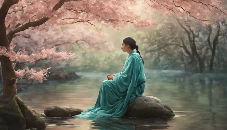 Create a high-resolution image of a stoic being exhibiting compassion. The character should be portrayed in a serene and compassionate manner. They are shown in a peaceful and natural environment, perhaps by a tranquil river or beneath a blossoming tree. T...