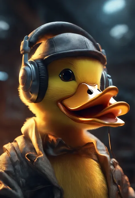 An anthropomorphic duck listening a music with headphone, wearing rockstar suit, dynamic dancing poses, bald, fat, neon lights room, detailed face and eyes, perfect anatomy, natural skin, perfect object, happy expression, ambient lighting, raw photo, ultra...