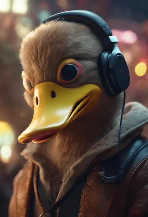 An anthropomorphic duck listening a music with headphone, wearing rockstar suit, dynamic dancing poses, bald, fat, neon lights room, detailed face and eyes, perfect anatomy, natural skin, perfect object, happy expression, ambient lighting, raw photo, ultra...