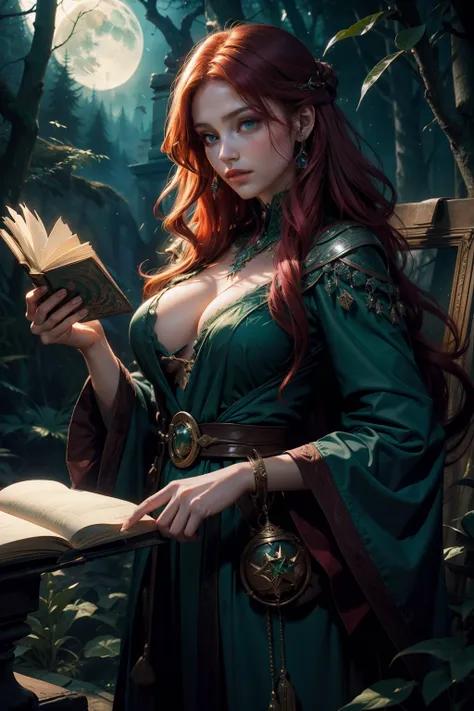 (Best Quality,hight resolution,Vivid colors),Beautiful detailed green eyes, beautiful detailed lips,Extremely detailed eyes and face,Red-haired beauty,Stunning beauty,fine complexion,,The Enchanted Forest,sorcery,Magical atmosphere,Mysterious Vibes,Floatin...