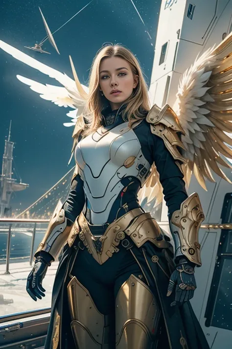 Photorealistic image ((Masterpiece)), ((high quality)) UHD 8K, of a beautiful goddess real, Realistic slim, tall, (medium chest), (skinny waist), (long blonde hair), (blue eyes), ((Hyper-realistic mecha armor, with golden metal and intricate golden ice lig...