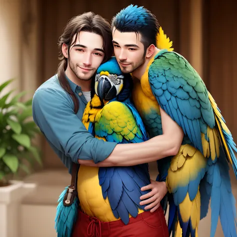 A man hugging a blue and gold macaw