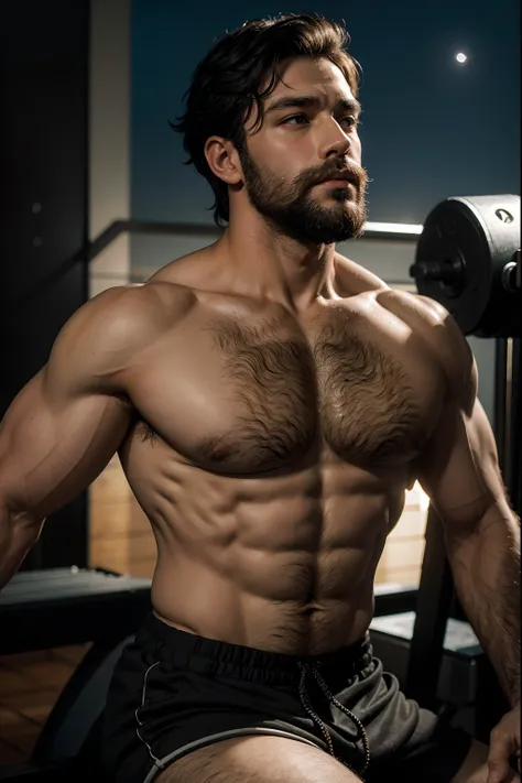 (ultra realistic, ultra detailed, 8k resolution) a white 30-year old Turkish-German man, long-length layered black hair, thick medium beard, brown eyes, body hair, handsome, muscular guy, broad shoulders, huge chest, huge biceps, huge muscles, bodybuilder,...