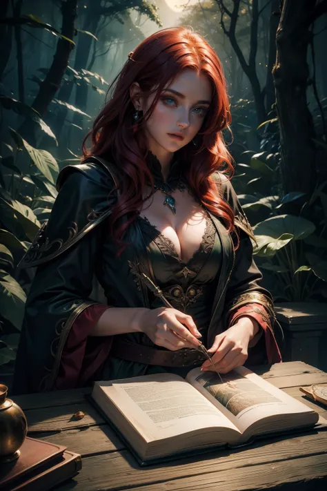 (Best Quality,hight resolution,Vivid colors),Beautiful detailed green eyes, beautiful detailed lips,Extremely detailed eyes and face,Red-haired beauty,Stunning beauty,fine complexion,,The Enchanted Forest,sorcery,Magical atmosphere,Mysterious Vibes,Floatin...