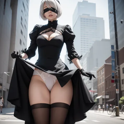 2b, 2b, (no blindfold:1.5), black hairband, Blindfold, shairband, Short hair, White hair,Blake Black Skirt, black thighhighs, long boots, cleavage cutout, Clothes Cutout, shairband, high-heels, Long sleeves, droid, side slits, Skirt, Thigh boots, thighs th...