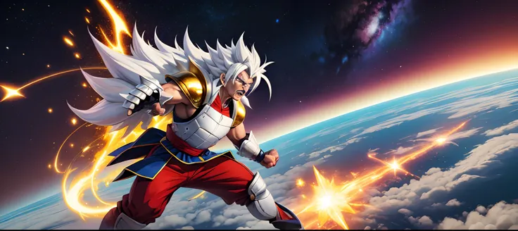 "Colonel Sanders" Kentucky Fried Chicken as super saiyan space saiya elder  fighter,white tuxido armour,hold KFC bucket,dynamic action fighting pose Armour --auto --s2