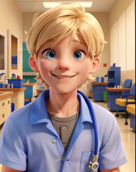 Blue Eyes Blonde Haired Boy Smiling At Camera With A Veterinary Hospital Environment Behind