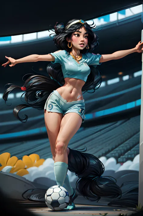 rpg art, fantasy art, a disney jasmine from aladin is playing soccer, jasminewaifu she wears light blue shirt a black uniform, s...