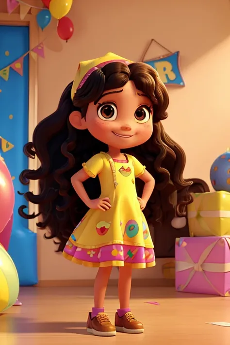 Estilo 3D Pixar, 9-year-old girl with long curly hair wearing yellow birthday dress, Feliz, recebendo presentes e com um sorriso no rosto, olhos pretos, pele morena. In the background, Birthday party with toboggan run, trampolines and children played