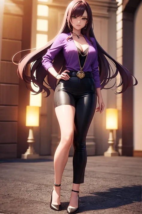 a full body view of a woman with long hair and a purple shirt, smooth anime cg art, render of april, anime styled 3d, portrait anime space cadet girl, starfire, portrait of a female anime hero, render of a cute 3d anime girl, anime girl of the future, port...