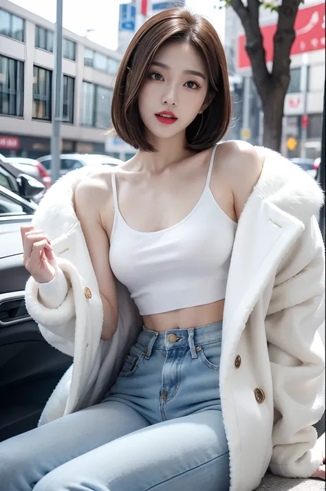 best quality, 4k, 8k, Detailed faces, clear face, a pretty girl, Korean makeup, Red lips,laugh, perfect body,shoulder length straight bob hair,small breasts,thigh,slim,thin, The girl wears a wide white mink fur coat, Underneath the jacket was white sweater...