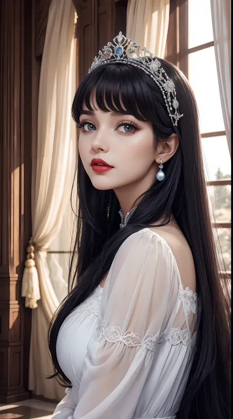 Liza Tukmisheva, 29 anos de idade,  como a Personagem da Disney Branca de Neve, Vestido Colonial nas cores azul e vermelho, medieval palace, look-at-camera, facial expression of tenderness, Curvilinear athletic body, pale skin, neve, montanhas, cabelos neg...