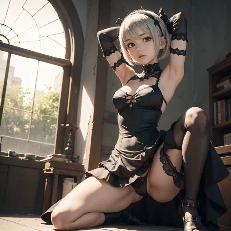 masterpiece,best quality,2b_a2(nier_automata), 1girl, solo, (Loli/ little_girl) breasts,short_hair,panties_dress, armpit, no_panties, sit_open_legs