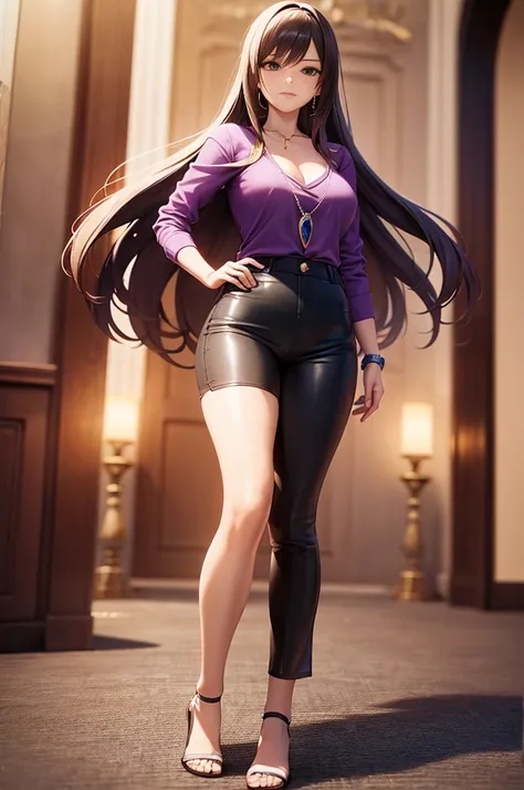 a full body view of a woman with long hair and a purple shirt, smooth anime cg art, render of april, anime styled 3d, portrait anime space cadet girl, starfire, portrait of a female anime hero, render of a cute 3d anime girl, anime girl of the future, port...