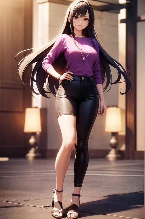 a full body view of a woman with long hair and a purple shirt, smooth anime cg art, render of april, anime styled 3d, portrait anime space cadet girl, starfire, portrait of a female anime hero, render of a cute 3d anime girl, anime girl of the future, port...