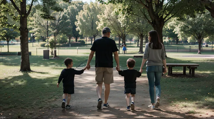 (8k, Foto RAW, best quality, master part:1.2), (Realistic, photo-realistic:1.37) Father Mother and children  in a park full of trees and on a sunny day