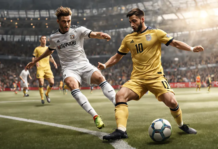 (best quality, 4k, 8k, high resolution, masterpiece: 1.2), ultra-detailed, (realistic, photorealistic, photorealistic: 1.37),A photo of a soccer player kicking a ball while another player tries to block it.