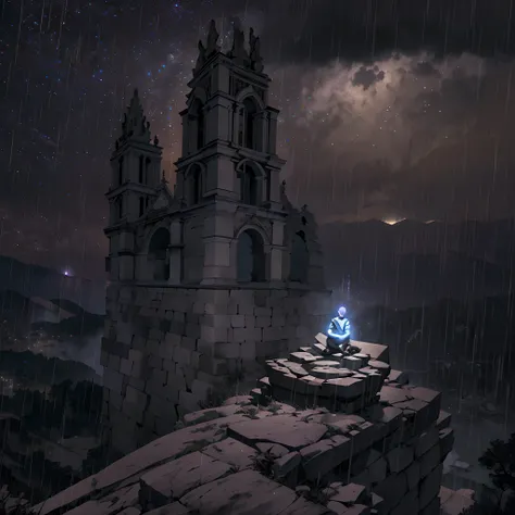 Gargola de piedra meditando en la cima del temolo notredame,hambiente tetrico,bajo la lluvia,noche oscura,rallos y truenos,en las alturas,acagchado en un saliente,dimonaco,guardian,