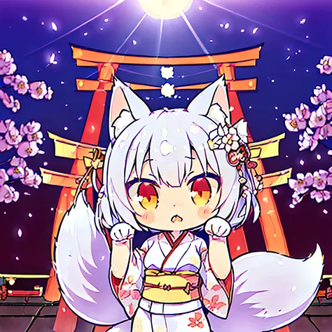 tchibi, (nendoroid), ((worst quality, low-quality)), ((🦊Eared girl)), Solo, ((half updo, Silver hair)), plump shiny lips, ((Beautiful clear eyes, Gold eyes):1.2), Spoken Heart, ((fox tails,Ninetail:1.3)), (traditional Japanese clothing:1.2), (Complex flowe...