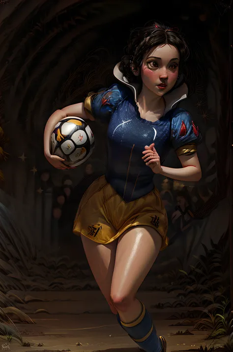 RPG art, fantasy art, a Disney Snow White is playing soccer, SnowPrincessw rhe wears blue and yellow uniform, black hair, hair in  a bun, she has the ball and runs towards the goal, modern soccer stadium background