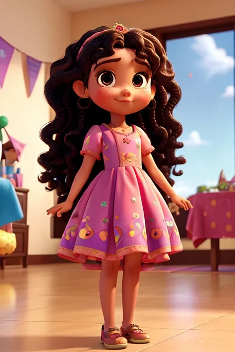 Estilo 3D Pixar, 9 year old girl with long curly hair wearing birthday party dress, Feliz, olhos pretos, pele morena, playing with other children