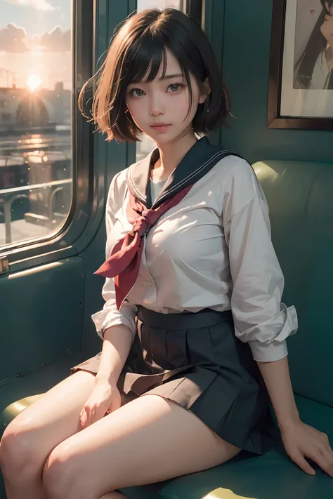 (raw, Best Quality, masutepiece:1.5), (photographrealistic, Intricate details:1.2), 超A high resolution, absurderes, 1girl in, Beautiful face, a smile,symmetrical eye, Light on Face, Front view, Short hair, Twin-tailed, (Short Student Sailor Suit:1.2), Shor...