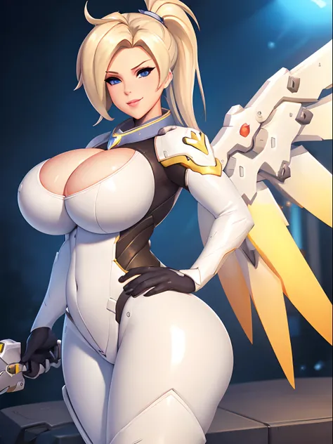 Overwatch art style, Mercy, 1 girl, ((bimbo))), long blond hair, blue eyes, thick lips, erotic smile face, wide hips, thick thighs, thick, huge fake breast, huge round ass, oily shiny skin, white suit, cleavage, posing,