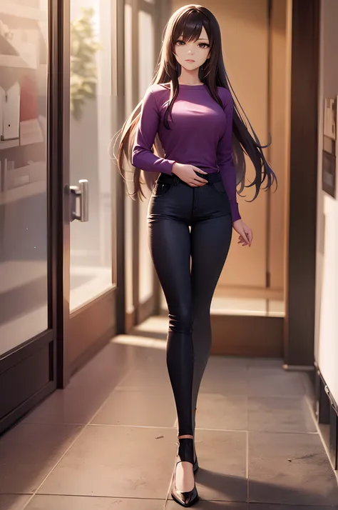 a full body view of a woman with long hair and a purple shirt, smooth anime cg art, render of april, anime styled 3d, portrait anime space cadet girl, starfire, portrait of a female anime hero, render of a cute 3d anime girl, anime girl of the future, port...