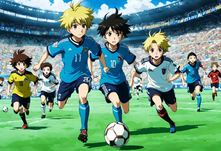 still image of an animated soccer match, anime characters playing soccer on a field with a crowd, Oliver and Benji television anime series, official art, official studio anime image, anime movie screenshot,