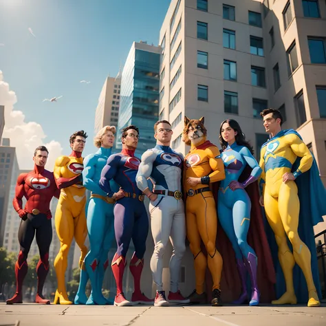 Estilo Pixar, Photo with a large blue and yellow building in the background written on top of it in the background "Prontodog", in front of the building, Create a party of 6 male and female veterinarians dressed as superheroes with capes , todos com roupas...