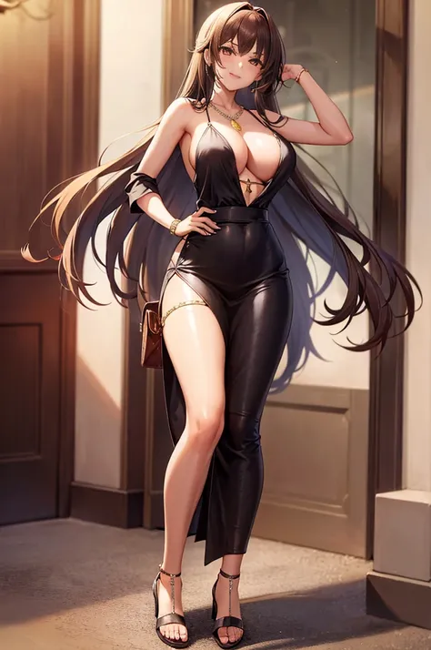 1girl, necklace, long_hair, jewelry, breasts, rating:explicIt, cleavage, high_heels, indoors, looking_at_viewer, standing, hand_on_hip, sandals, bangs, large_breasts, solo, bracelet, collarbone, nail_polish, full_body, toenail_polish, toes, skirt, pendant,...