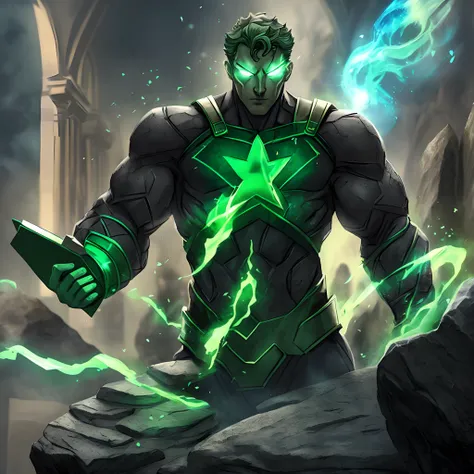 A man made of stone with green fire in his eyes.  He is wearing a green and grey superhero custome with the letter B and a engraved onto the costume