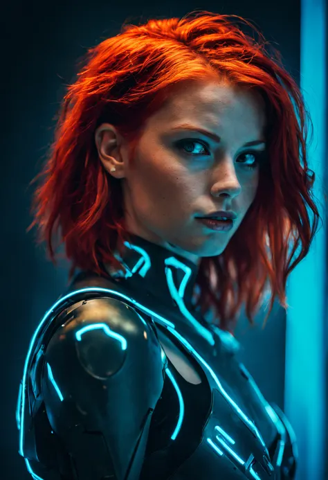 a photograph capturing the essence of a young cyborg woman with fiery red hair. her face fills the frame, bathed in neon hues, e...