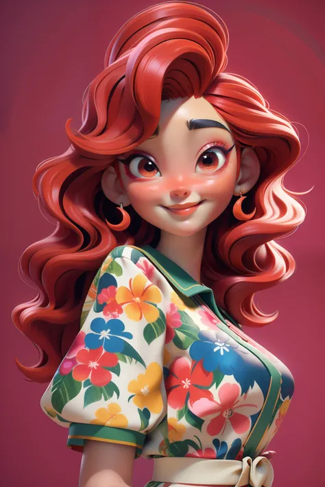 Estilo 3DMM, Criar arte digital no estilo Pop Art, With a vibrant and confident young Asian woman，moda de rua, Her hair is wavy red, esquema de cores do filme, Rodeado por motivos de flores vintage, Pinceladas vibrantes,Emotions Should Be Dynamic, parte su...