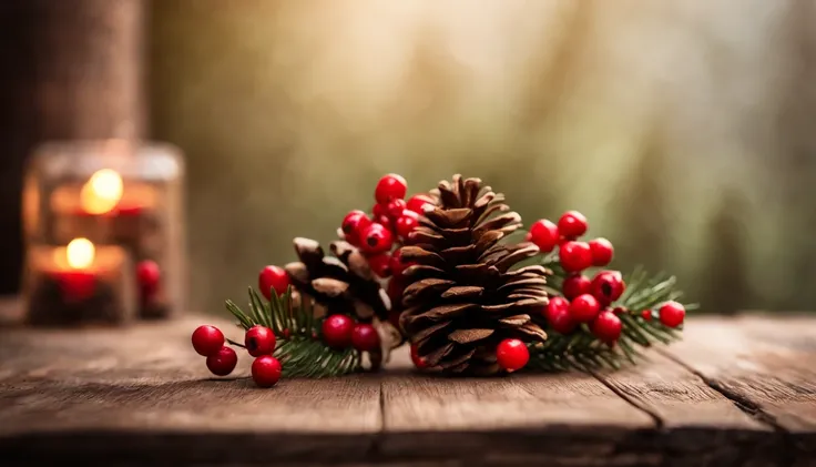 A rustic and cozy background featuring a wooden plank texture in deep brown, accented with pinecones, holly, and red berries.