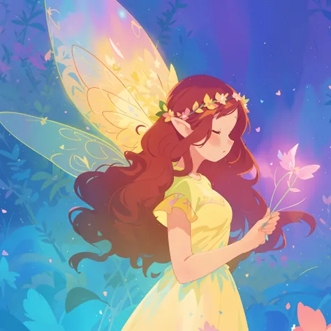 beautiful fairy girl in yellow flowing dress, long curly brown hair, colorful flower crown on her head, colorful fantasia background, large fairy wings, magical pink light, watercolor illustration, disney art style, glowing aura around her, glowing lights,...