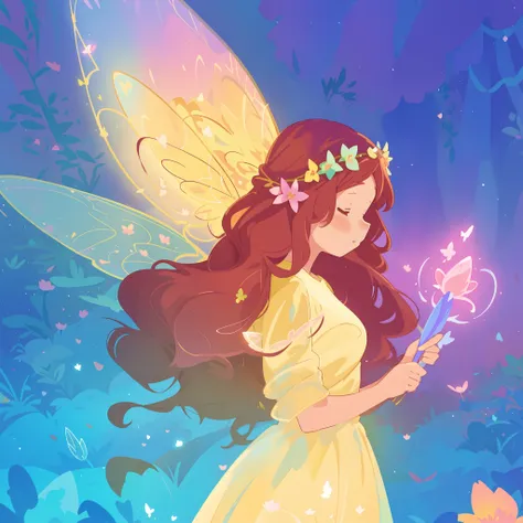 beautiful fairy girl in yellow flowing dress, long curly brown hair, colorful flower crown on her head, colorful fantasia background, large fairy wings, magical pink light, watercolor illustration, disney art style, glowing aura around her, glowing lights,...